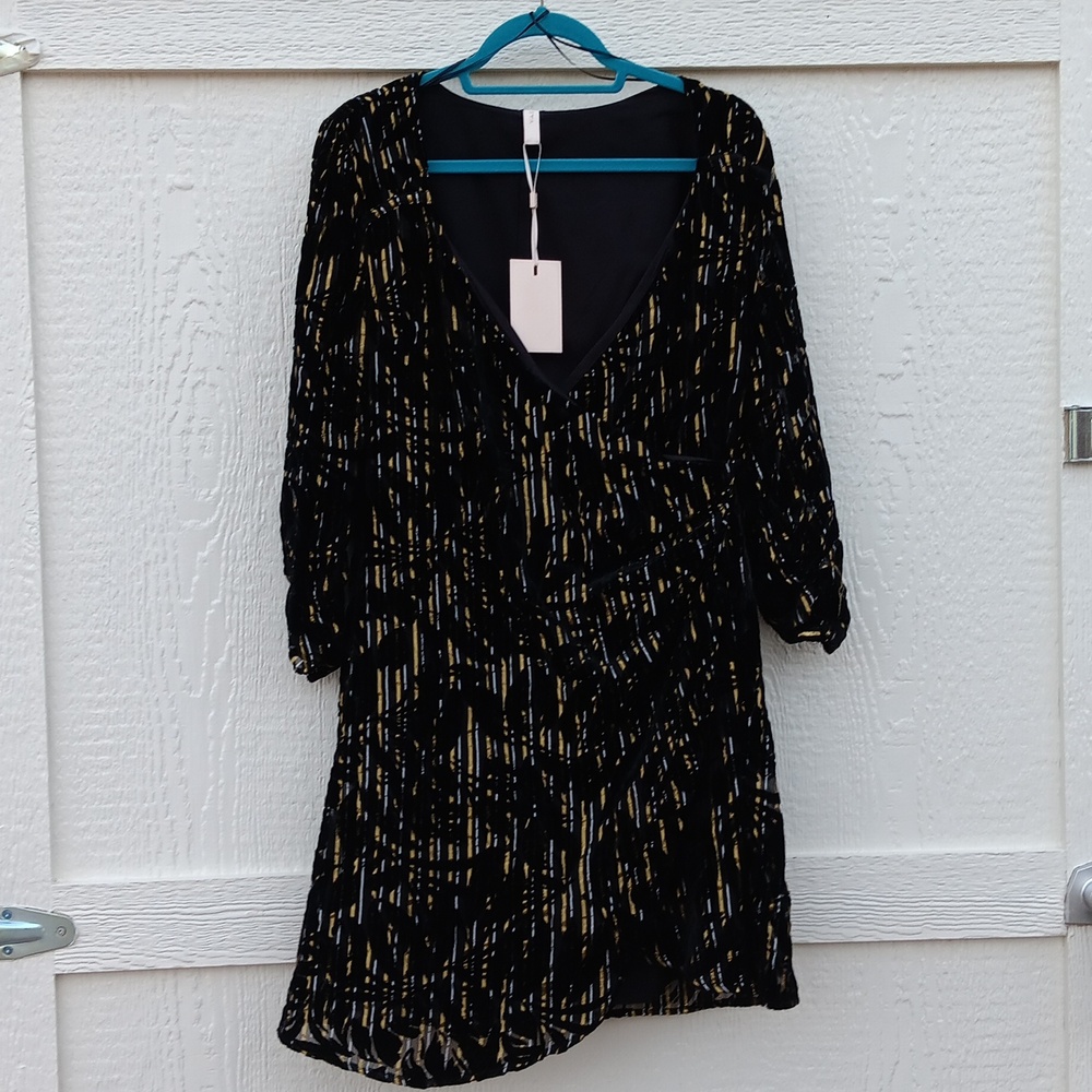 New YAS Yasrita 3/4 Sleeve Black & Gold Floral Print Midi Dress Womens Sz Large